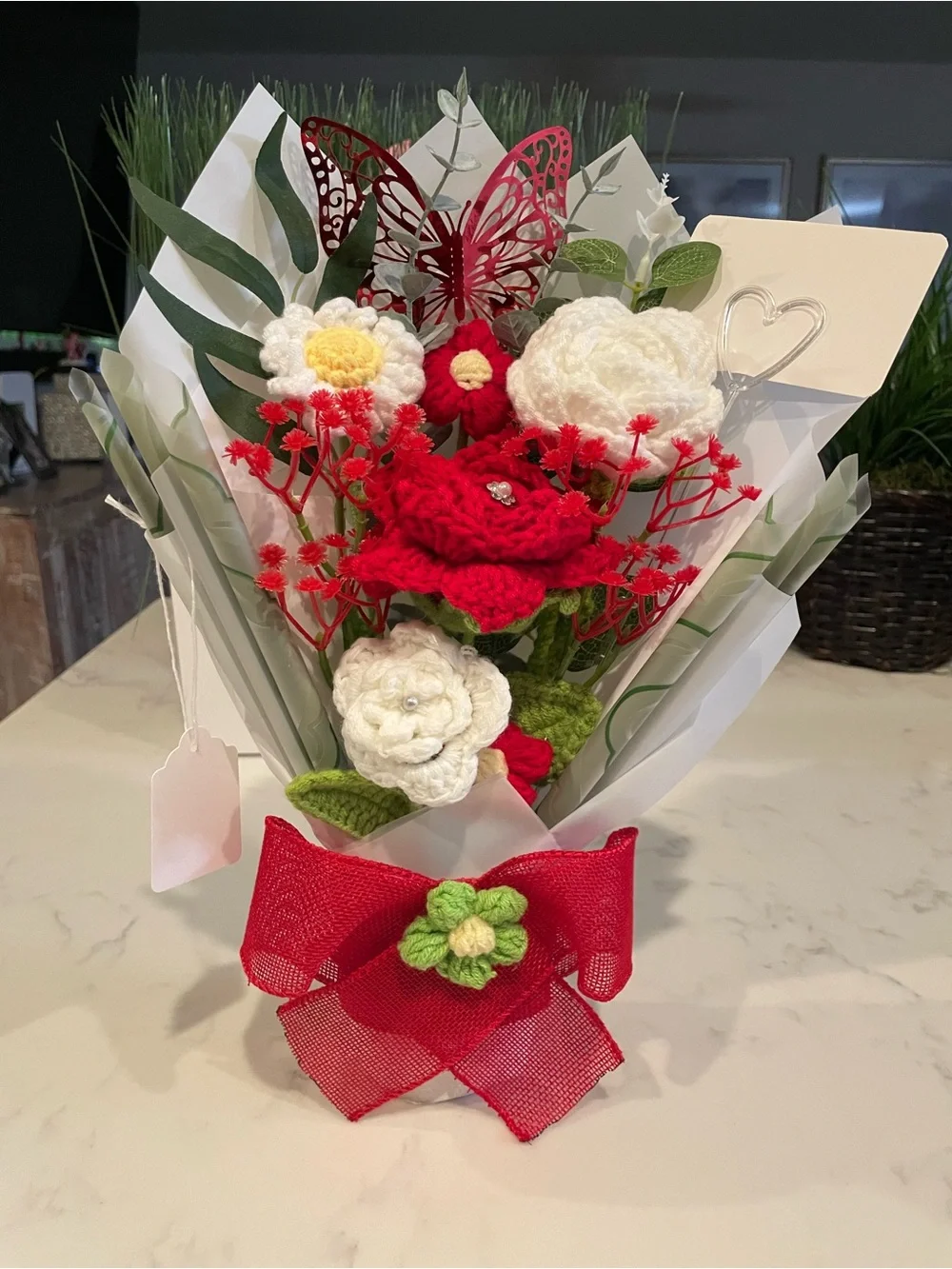 Handmade Red and White Crochet Flower Bouquet - Home Accent